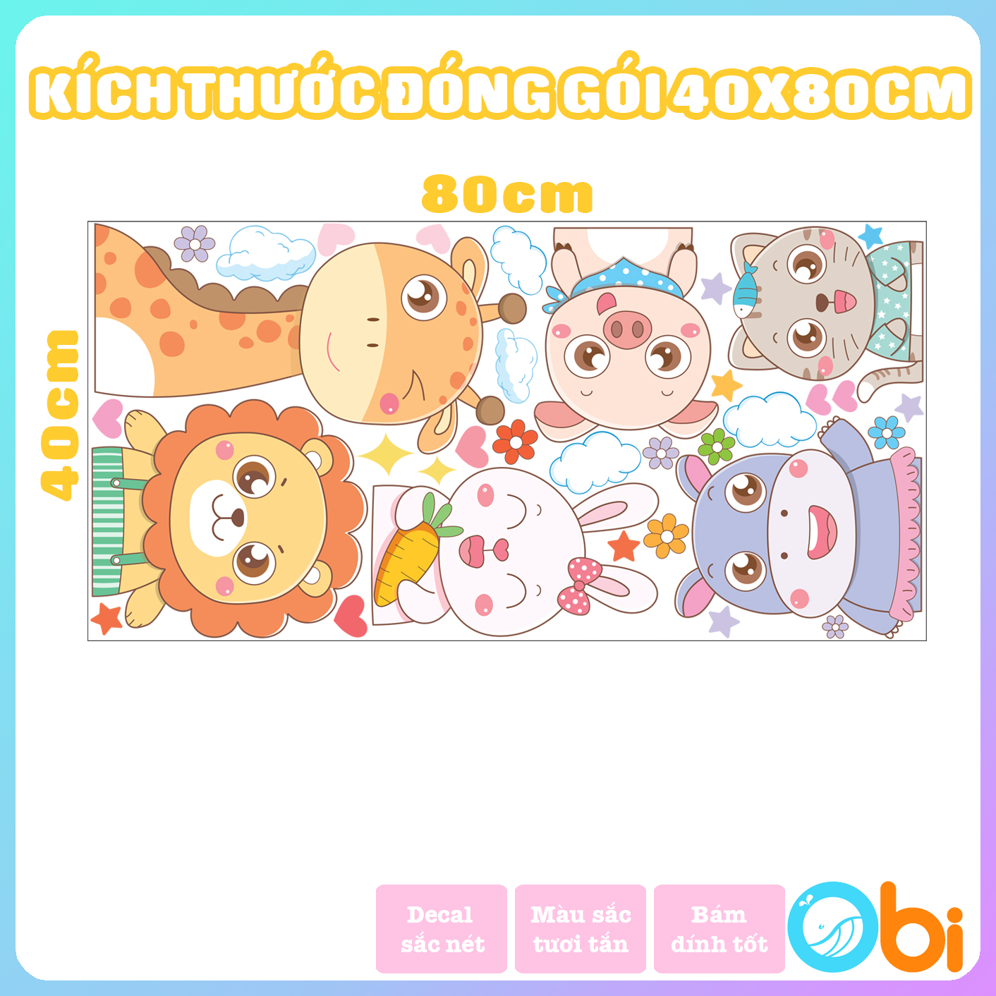 Decal dán tường cho bé - Decal động vật vui vẻ Obi shop