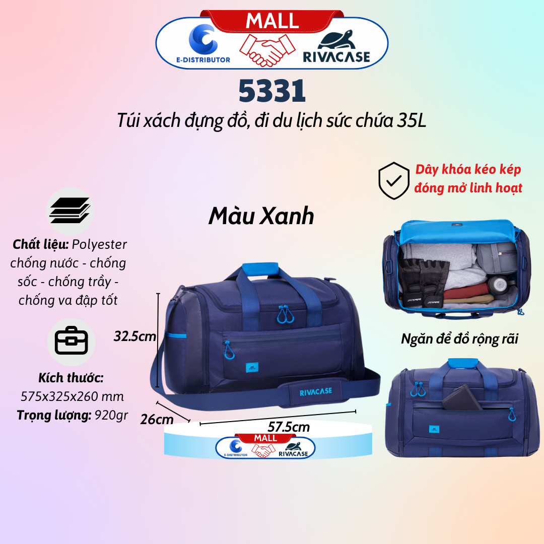 Túi Xách Du Lịch Rivacase 5331 Sức Chứa 35L - Bảo Hành 24 Tháng - Hàng Chính Hãng