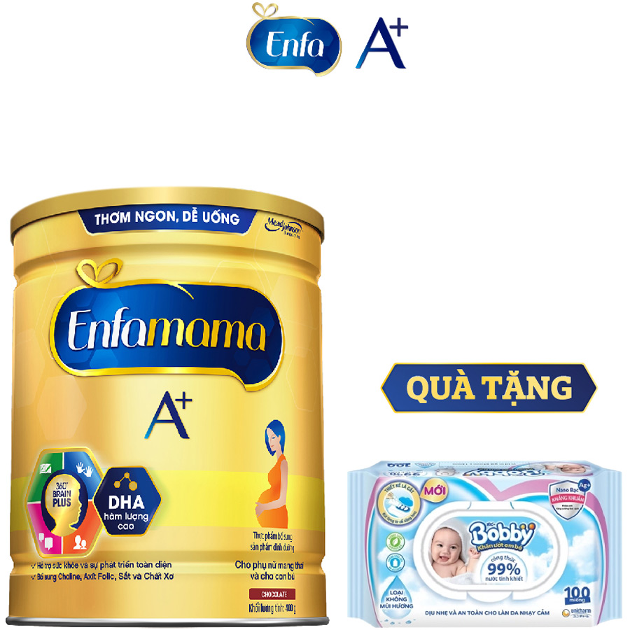 Bộ 1 Lon Sữa Bầu Enfamama 360° Brain Plus Cho Mẹ 400g  - Tặng 1 gói khăn ướt Bobby 100 tờ