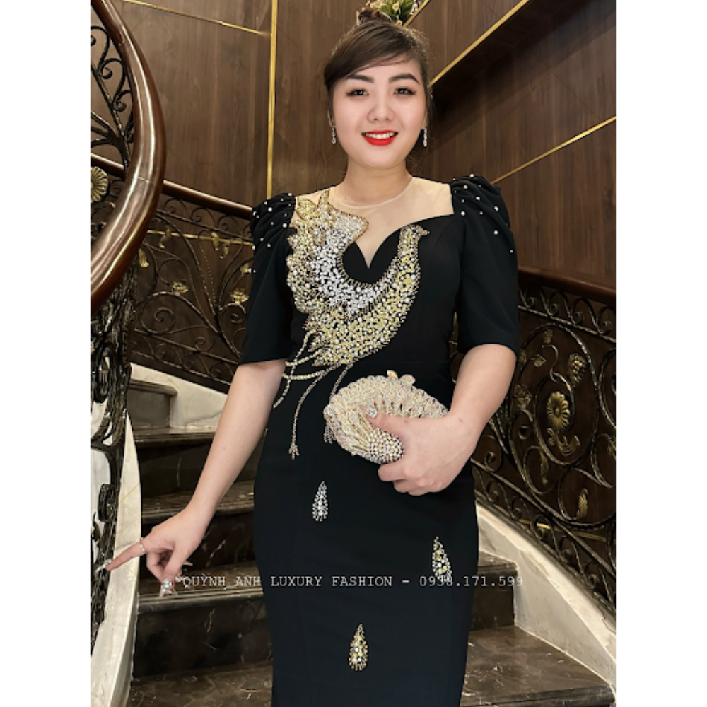 Đầm Dạ Hội Đen Mẫu Chim Công Pha Lê Sang Trọng Cao Cấp Amity Dress