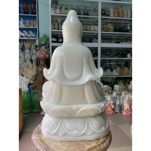 Tượng Phật Quan Thế Âm Bồ Tát Ngồi Đài Sen Cầu Bình An Đá Cẩm Thạch Trắng - cao 51cm