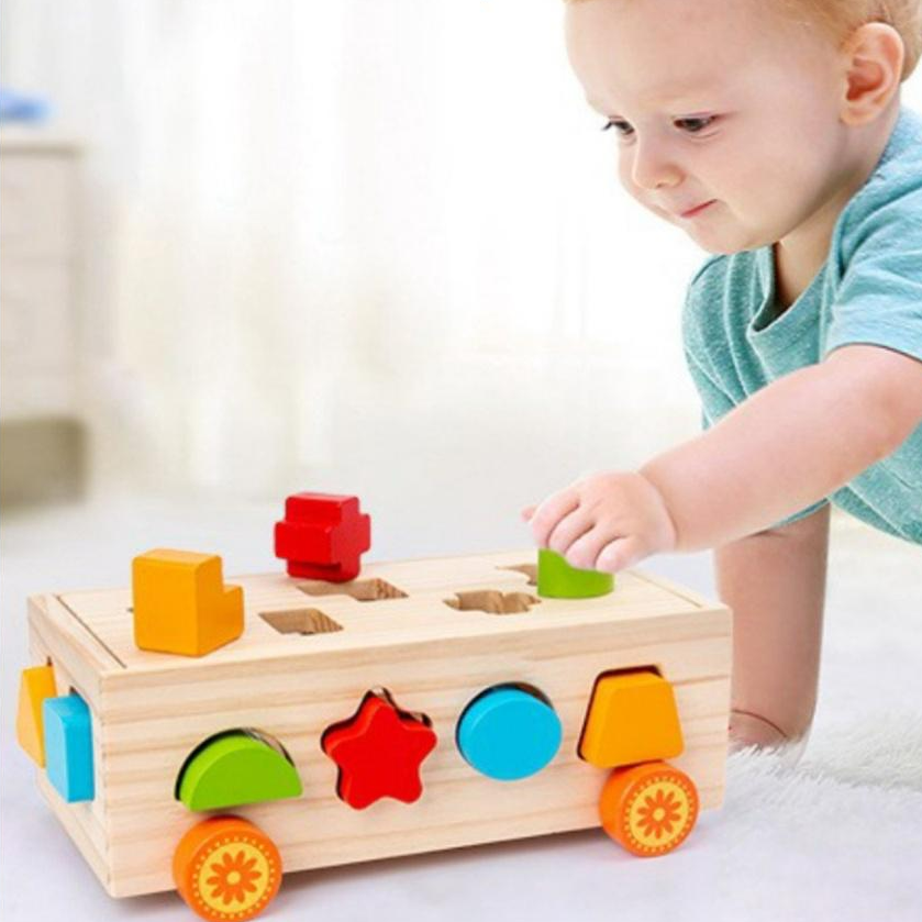 Đồ chơi gỗ Thông Minh, Xe Kéo thả Hình kèm số, Xe Kéo thả hình, số kết hợp Đàn cho bé.