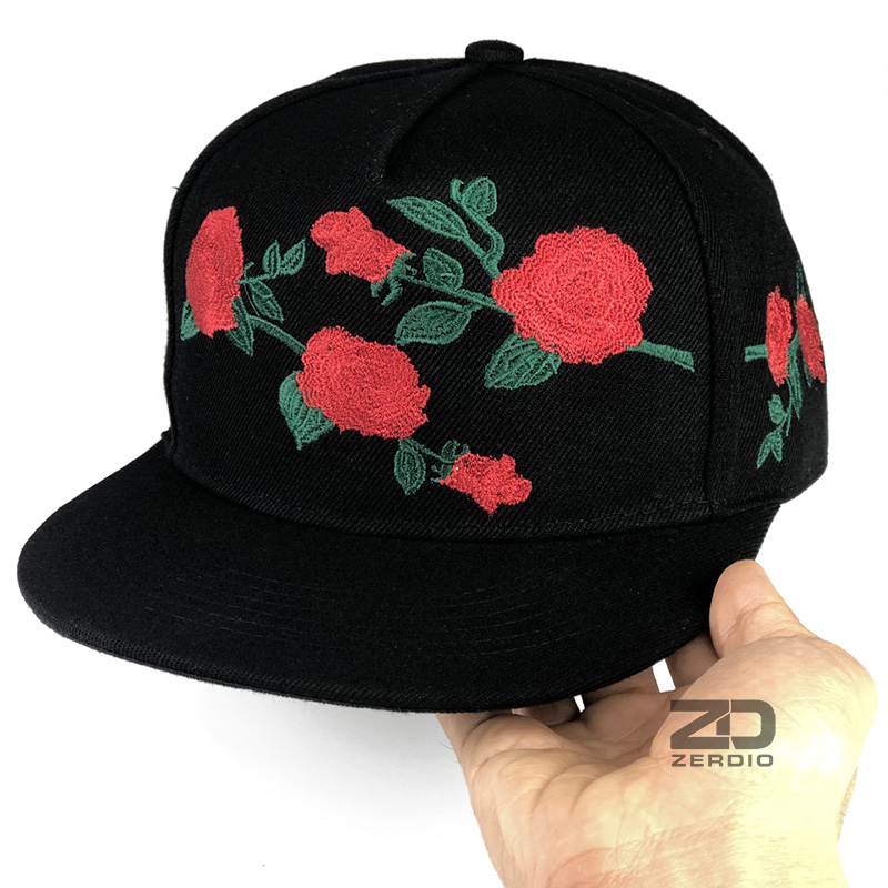 Nón snapback, Mũ hiphop nam nữ đen họa tiết hoa hồng