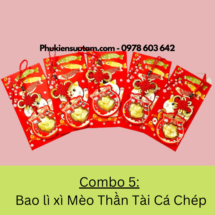 Combo 5 Bao Lì Xì Mèo Thần Tài Cá Chép, kích thước: 17cmx9cm, màu đỏ - SP005934