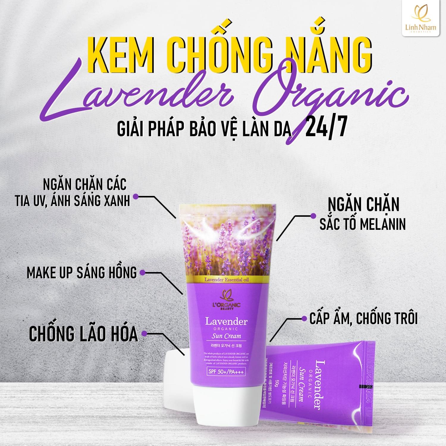 Kem chống nắng Lavender Organic Linh Nhâm, nâng tone, kiềm dầu, không nhờn rít, SPF 50 PA+++ 50g