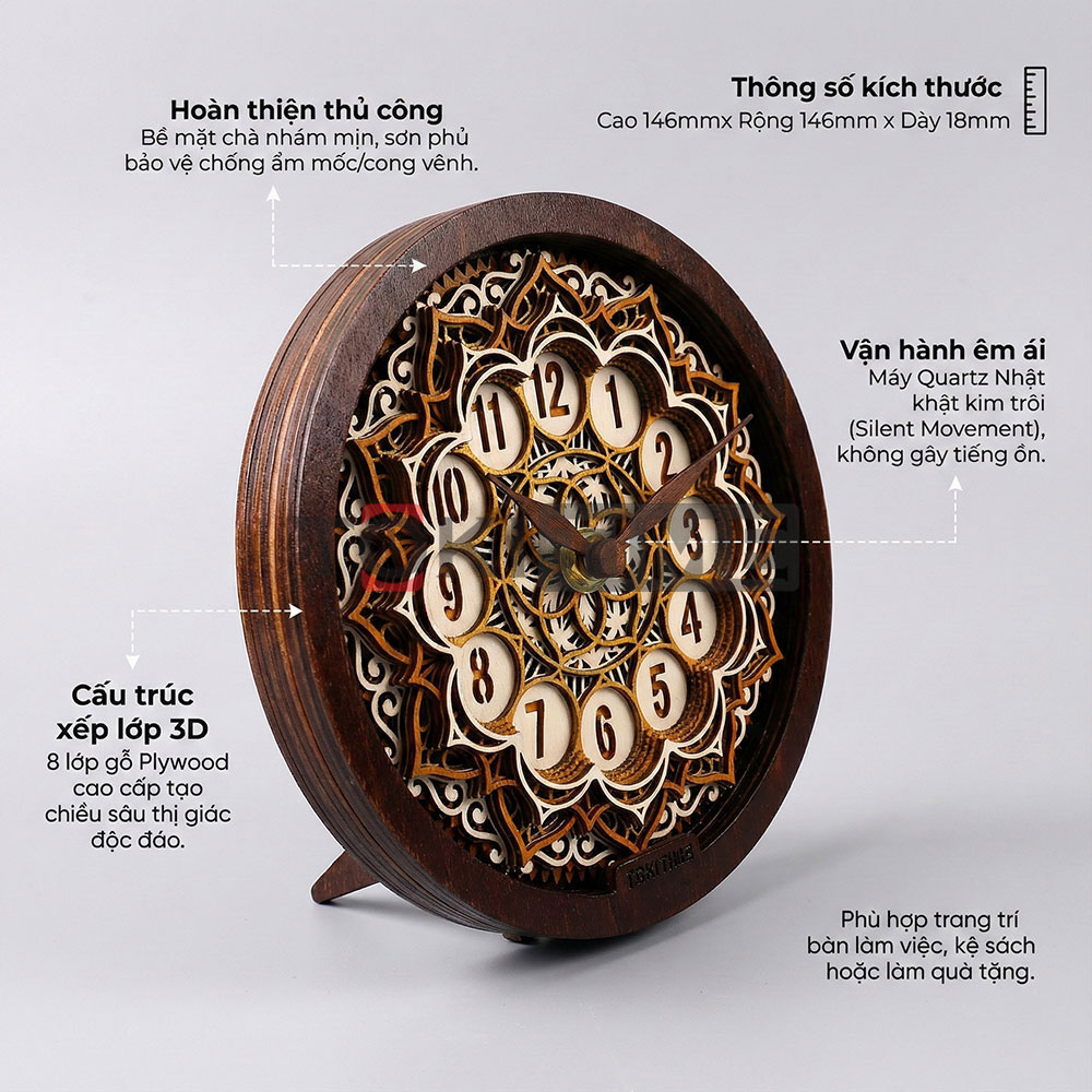 Đồng hồ gỗ để bàn phong cách nghệ thuật – Xếp Lớp 3D độc đáo