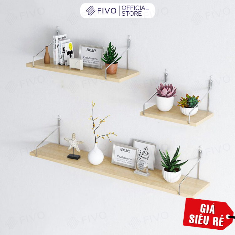 Giá Sách Treo Tường Trang Trí Fivo Mã Fb40 Không Cần Khoan Tặng Kèm Đinh 4 Chân Chịu Lực Lên Đến 10Kg Với Móc Inox Dễ Dàng Gắn Lên Tường - Set 3 Kệ Gỗ - Đinh 4 Chân