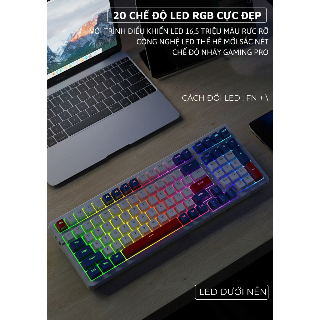 Bàn phím Cơ Không Dây Hotswap K98 phiên bản fullsize - LED RGB nhiều chế độ - LÓT FOAM sẵn - Hỗ trợ đa nền tảng