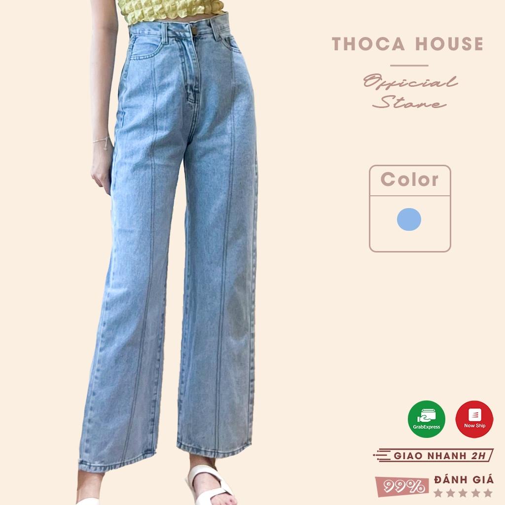 Quần jeans nữ ống rộng lai viền chỉ 5021 THOCA HOUSE kiểu cách mặc đi học, công sở cực xinh