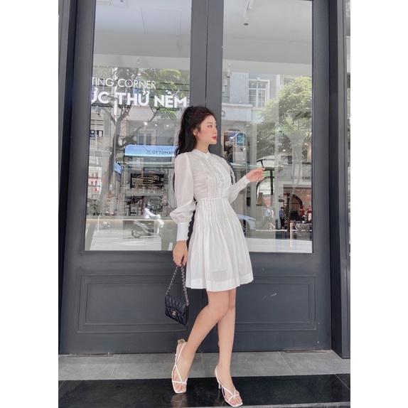 Đầm tay dài dập ly eo cài nút màu xanh bơ dạo phố xinh xắn