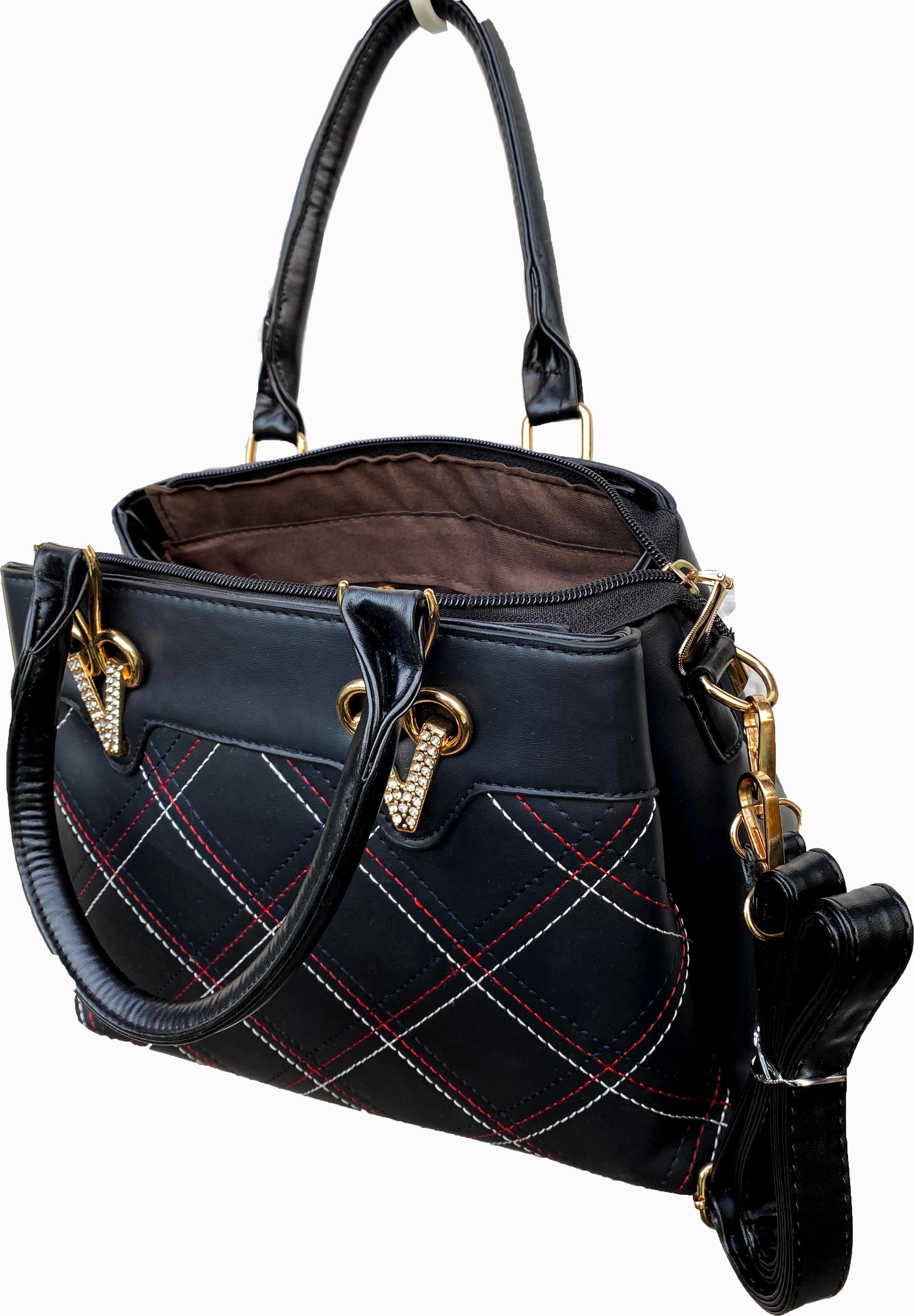 Túi da nữ thời trang may caro chéo hai quai xách gắn đê kim loại chữ V đính đá