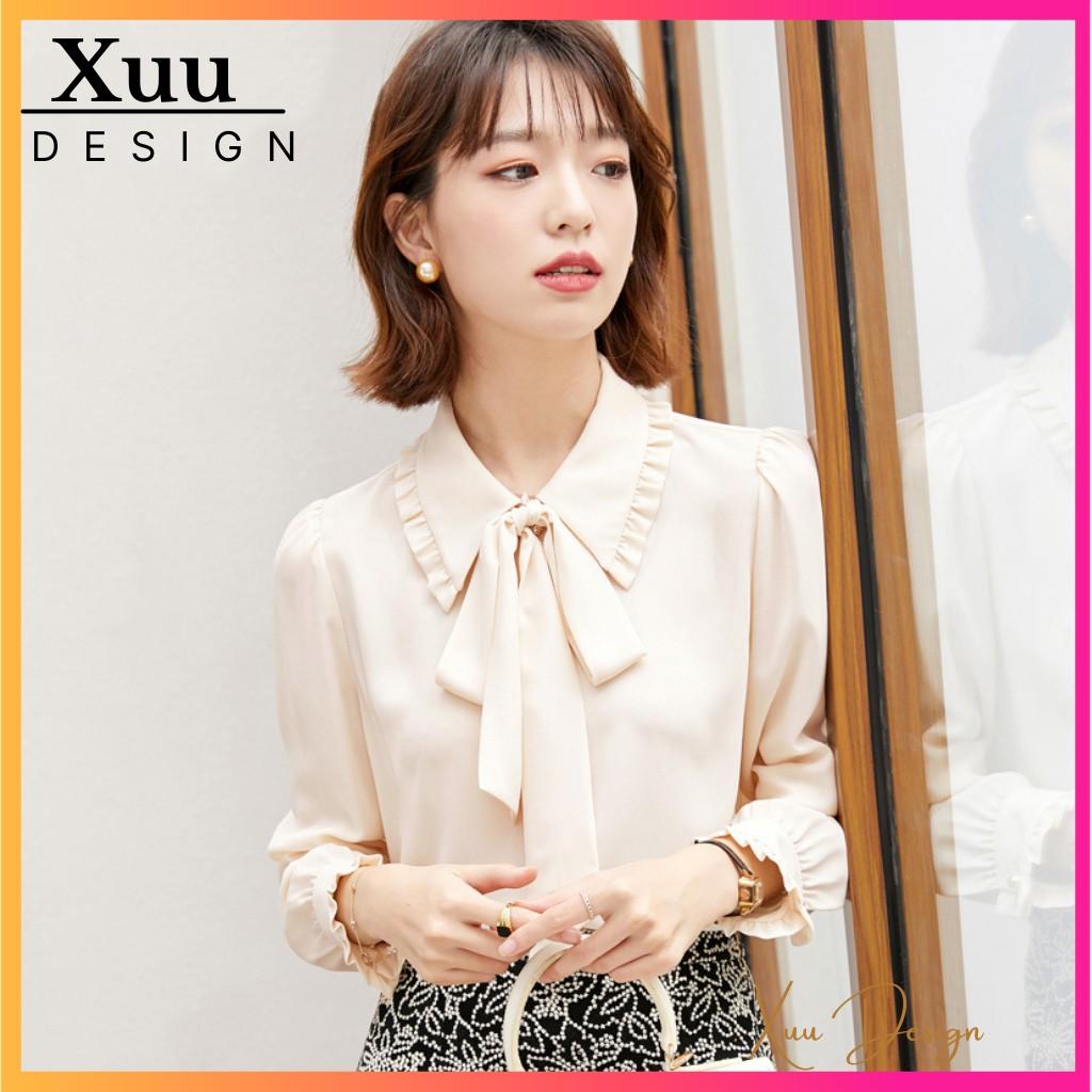 Áo Sơ Mi Nữ Thắt Nơ Xuu Design Freeship - Ảnh Thật Sơ mi kiểu Nữ Chất Vải Đẹp Xu03 Kem