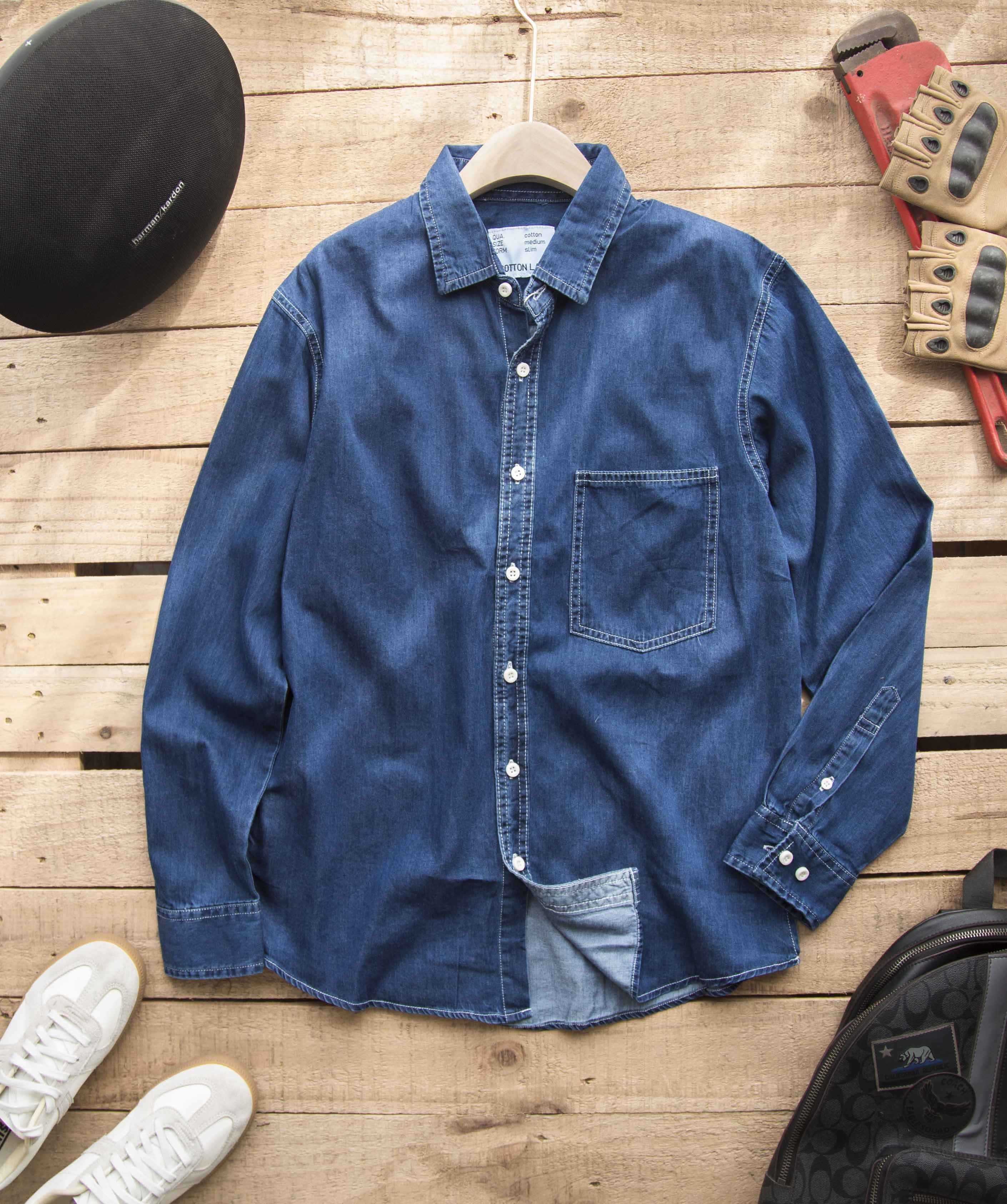 Áo sơ mi denim dài tay màu xanh cao cấp - LAB993