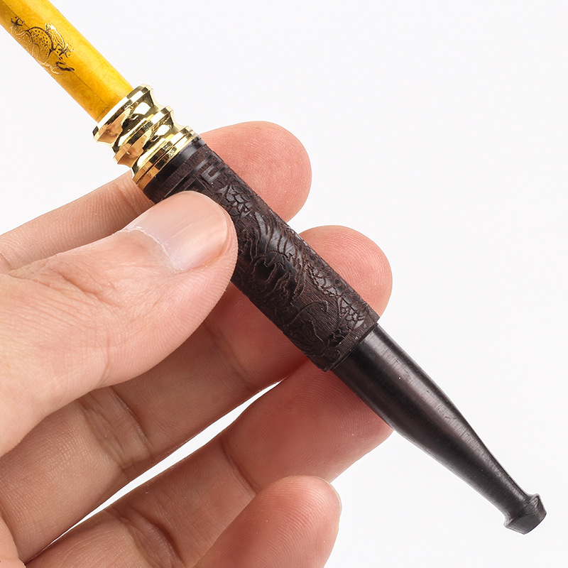 Tẩu thuốc gỗ mun khảm khoa văn siêu đẹp sang trọng cao cấp - tặng kèm 1 dụng cụ vệ sinh tẩu