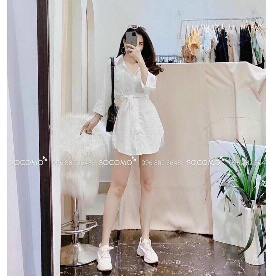 Đầm sơmi cột nơ eo kèm quần short ngắn