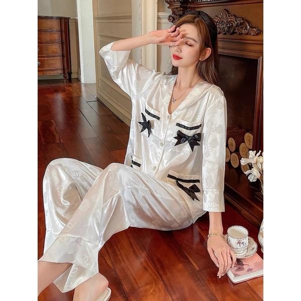 BỘ PIJAMA LỤA DÀI CAO CẤP MULISI NHIỀU NƠ TRẮNG