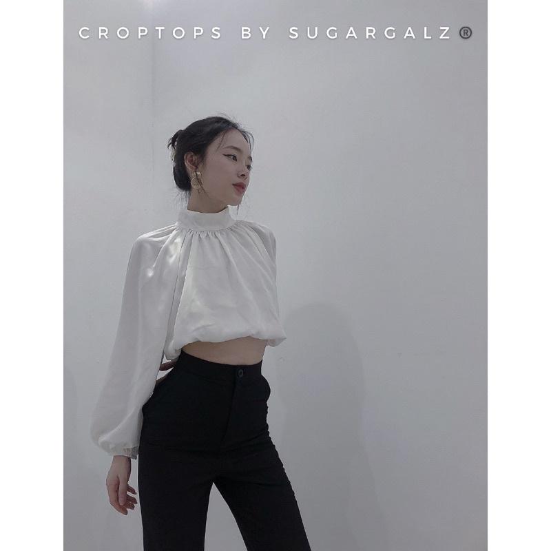 Áo croptop dài tay cổ lọ tay bồng bèo nhún tiểu thư - by SGGz