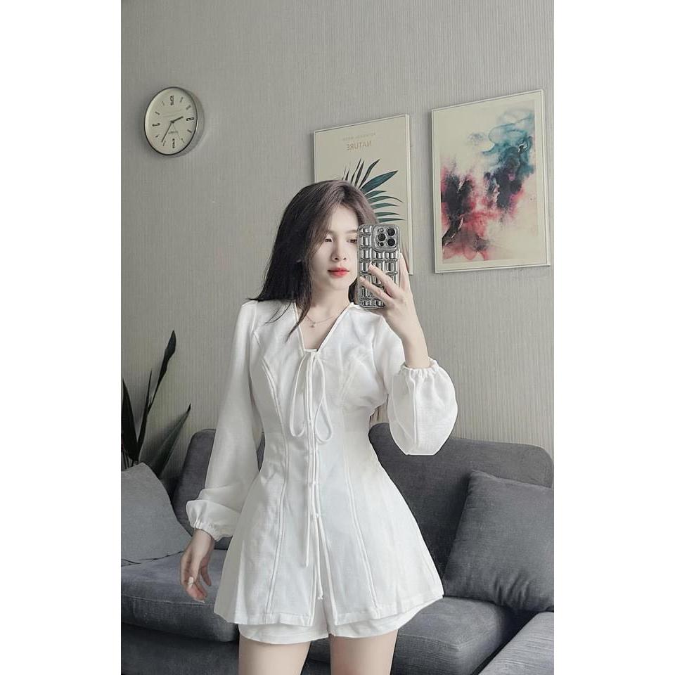 Set Bộ Đùi Cotton lạnh thời trang nữ tay dài mặc đi chơi cổ V tiểu thư cột dây tay phồng màu trắng