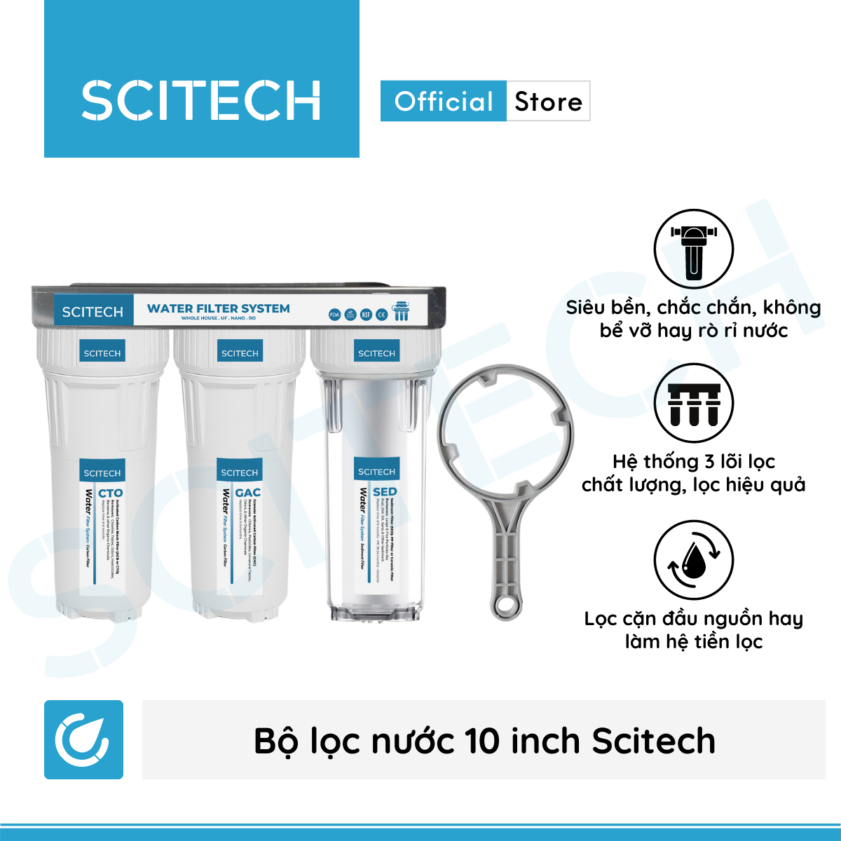 Bộ lọc nước thô đầu nguồn 3 cấp lọc 10 inch by Scitech - Hàng chính hãng