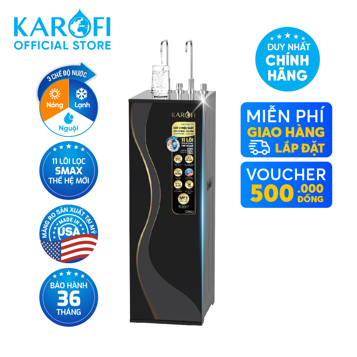Máy lọc nước nóng lạnh RO Mỹ 11 lõi Karofi KAD-D66S Pro - Giao trước lắp sau miễn phí toàn quốc - Bảo hành 36 tháng - Hàng chính hãng
