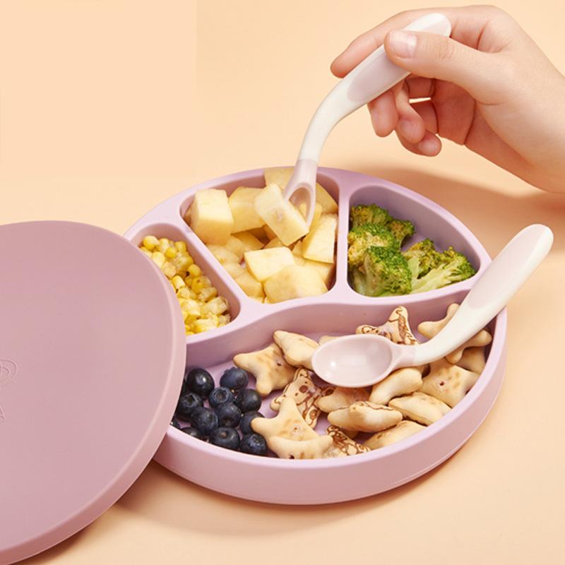 Không Chứa BPA Silicone Ăn Đĩa Có Nắp Đậy Cho Bé Nụ Cười Mặt Ghi Bộ Đồ Ăn Chống Trượt Nhà Hút Bát Kid Ăn Tập Ăn Tối