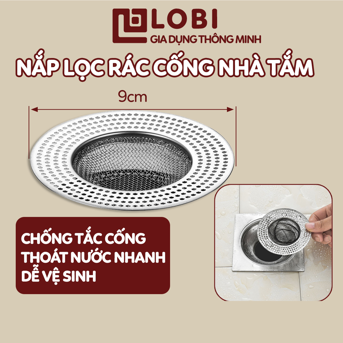 Bịt nắp cống lưới lọc rác inox nhà tắm size 9cm Nắp lọc rác cống phòng tắm nhà vệ sinh