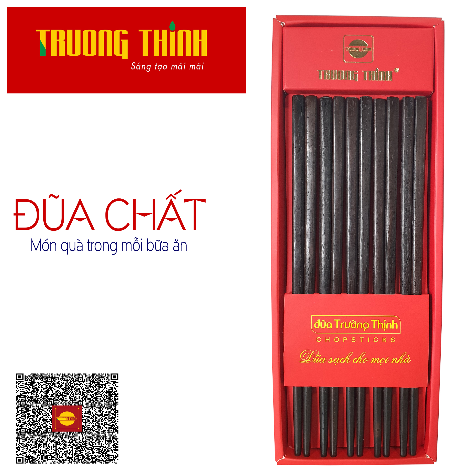 Đũa Gỗ Trắc Đen Cao Cấp Trường Thịnh Loại Đặc Biệt/ Hộp Màu Đỏ/ 10 Đôi Vuông Trơn