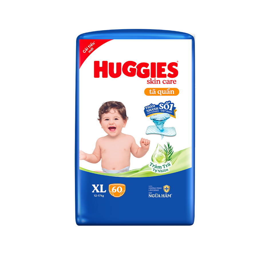 Tã/bỉm quần Huggies Skin Care Super Jumbo XL60 miếng với tràm trà dịu da