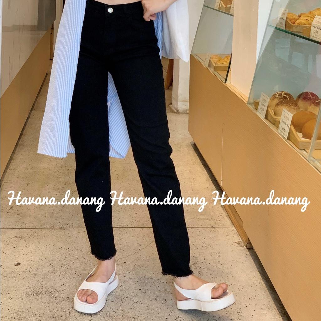 Quần jeans đen ống đứng suông dài, jeans lưng cao co giãn