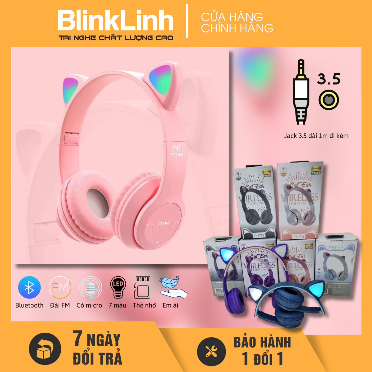 Tai Nghe Mèo Chụp Tai Bluetooth , Bản quốc tế có cáp 3.5 dài 1m, FM, Khe cắm thẻ nhớ, Phát Sáng Dễ Thương