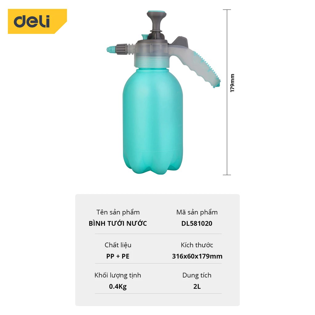 Bình Xịt Tưới Cây Deli 2 Lít, 2 Vòi Dài / Ngắn Tiện Dụng, Phun Sương Tưới Cây Cảnh, Làm Vườn, Chất Liệu An Toàn DL581020