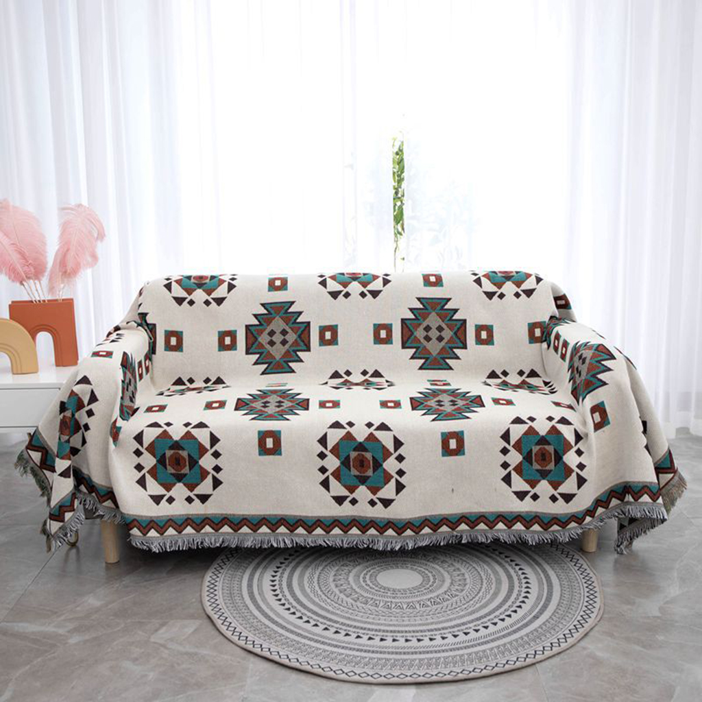 Chăn Phủ Sofa Dệt Kim 2 Mặt Họa Tiết Hình Thoi Vuông Xanh