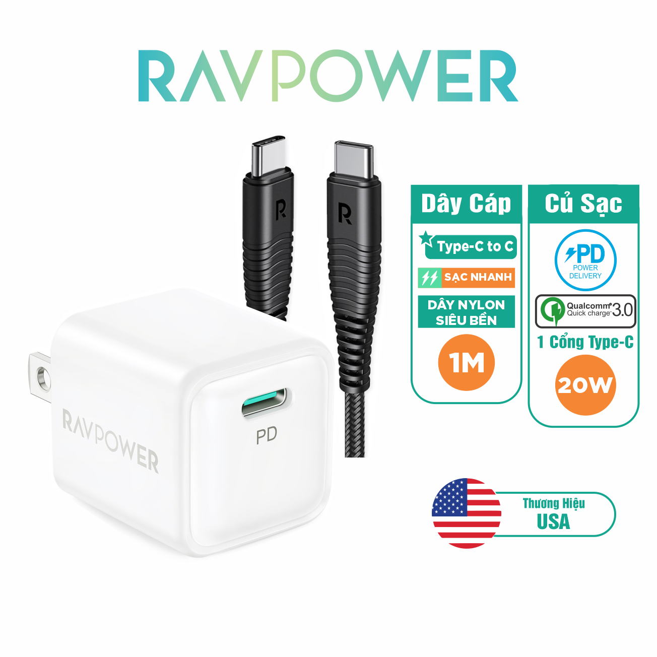 Combo Củ Sạc Nhanh iPhone iPad RAVPower RP-PC150 PD 20W Và Cáp Type C to C 60W 1m RP-CB047-B - Hàng Chính Hãng