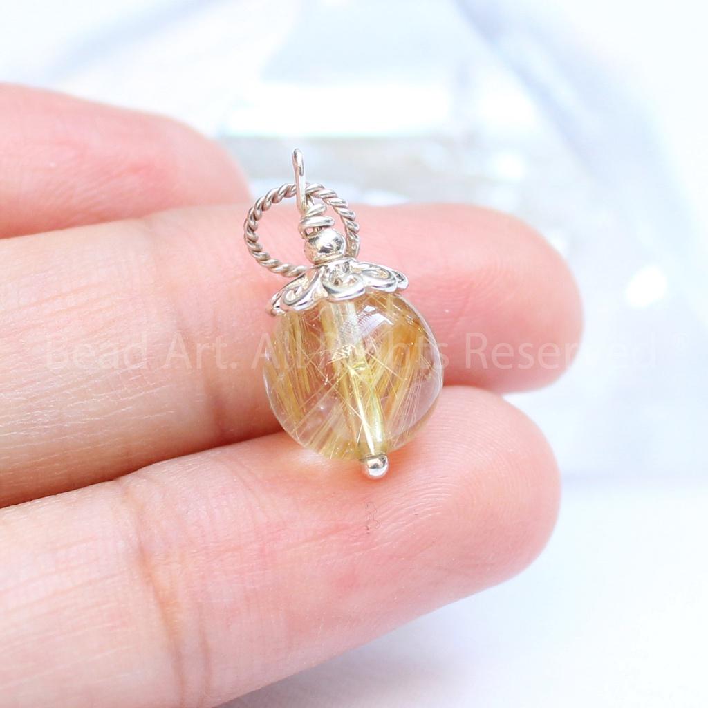 Mặt Dây Chuyền Thạch Anh Tóc Vàng Tự Nhiên 9mm Loại A, Trang Sức Đá Phong Thuỷ, Mệnh Thổ, Kim - Bead Art