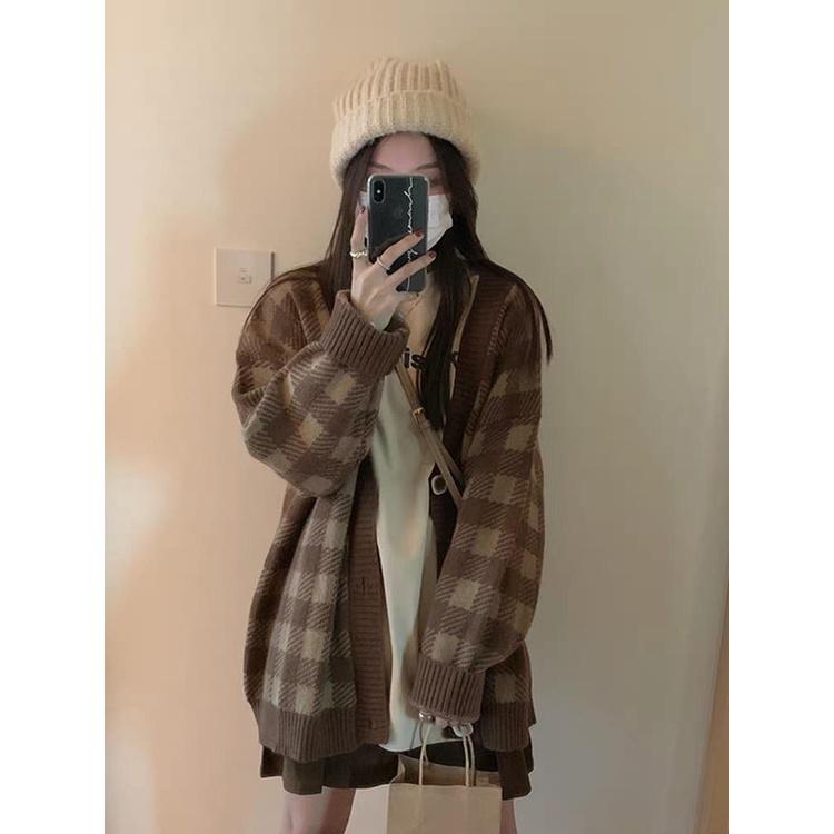 MS822 Áo khoác cardigan nữ kẻ caro siêu dày khuy vuông Hàn Quốc