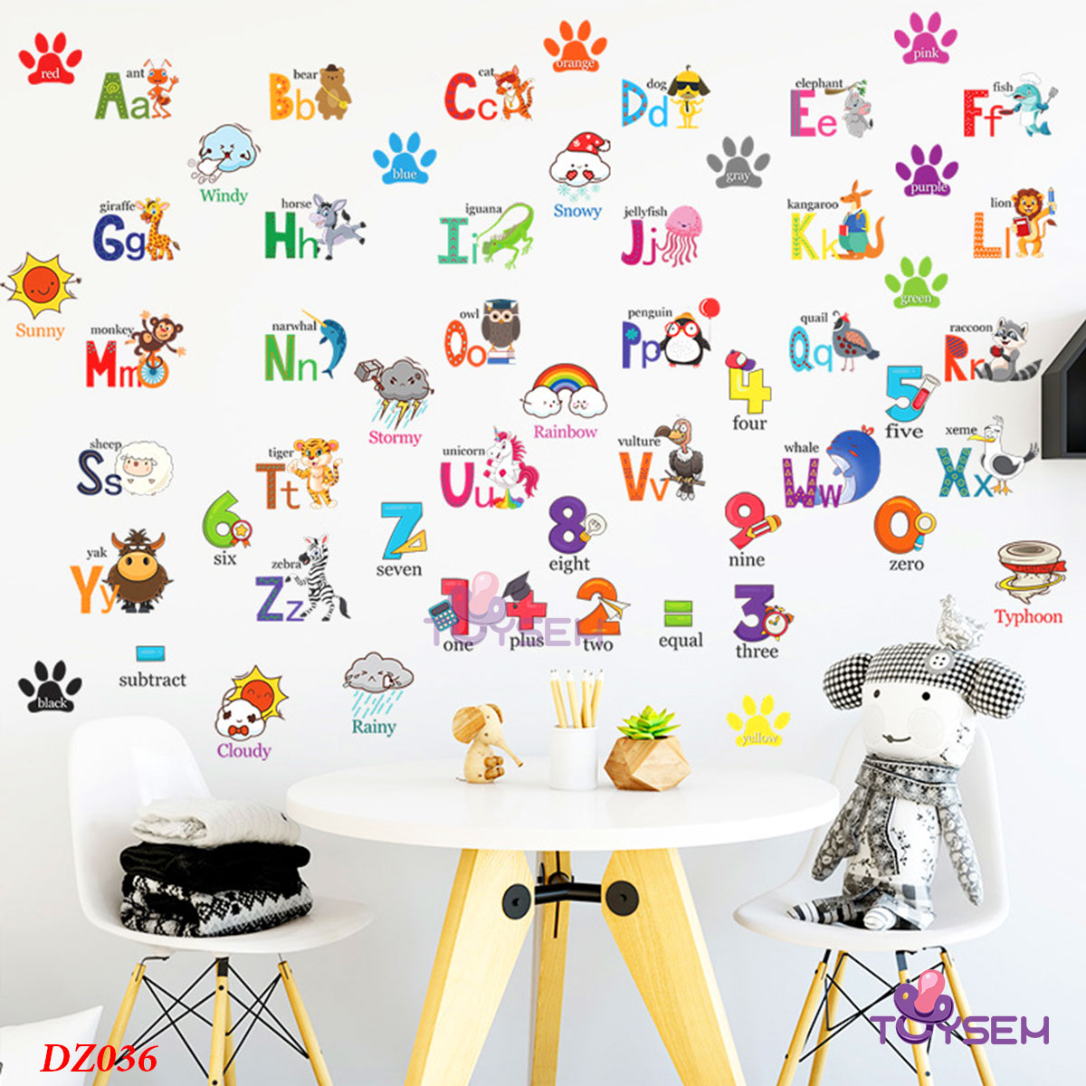 Decal dán tường 26 chữ cái và số 30x24cm họa tiết các con vật hoạt hình dễ thương
