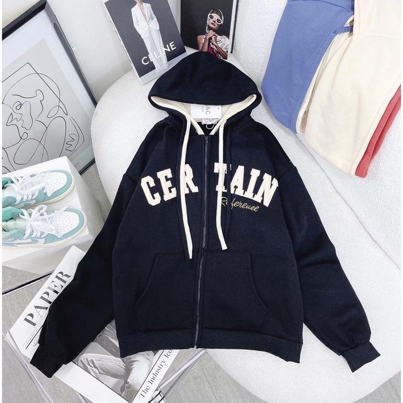 ÁO KHOÁC HOODIE NỮ KHÓA KÉO VẢI NỈ BÔNG FORM RỘNG TAY PHỒNG CHỮ THÊU NHIỀU , ÁO HOODIE KHÓA KÉO MŨ TRÙM