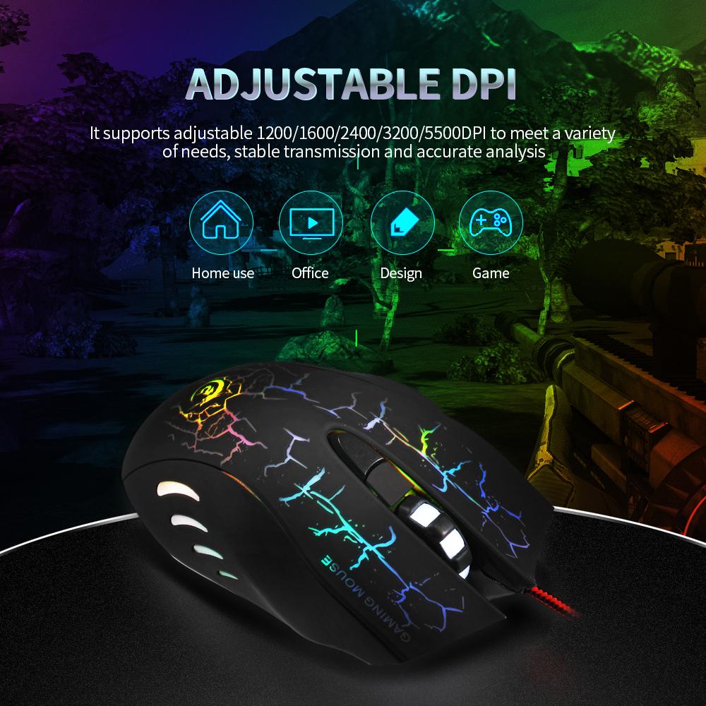 HXSJ A888B USB Wired Optical Gaming Mouse Colorful Light Gaming Mouse 6-button Mouse with Five Adjustable DPI