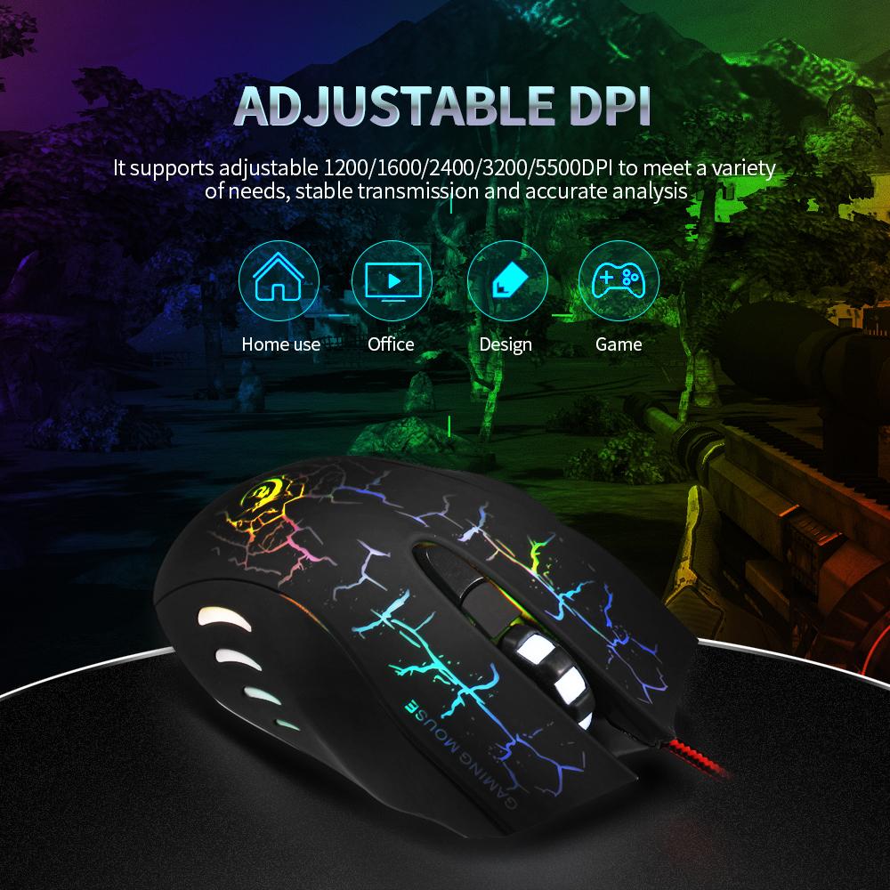 Chuột chơi game quang có dây USB ánh sáng đầy màu sắc Chuột 6 nút với năm DPI có thể điều chỉnh cho máy tính để bàn