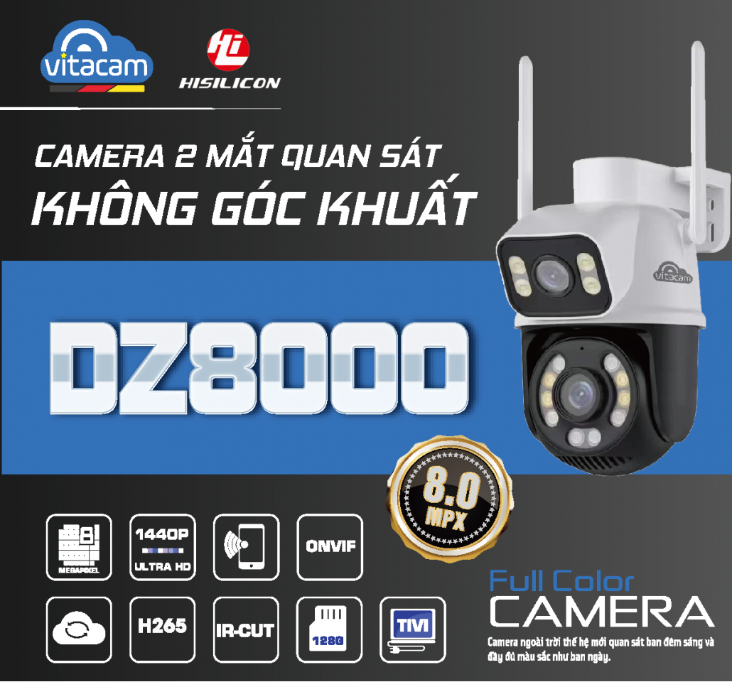 Camera Wifi Vitacam 2 Mắt DZ8000 8MP, Xem 2 Màn Hình Cùng Lúc, Xoay 360 Siêu Nét, đàm thoại 2 chiều - Hàng chính hãng