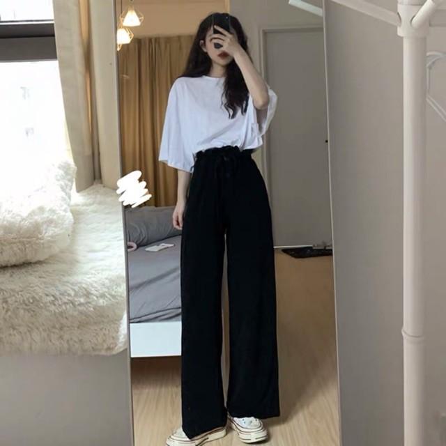 QUẦN ỐNG RỘNG LƯNG CAO MÀU ĐEN DÁNG CULOTTES CẠP BÁN CHUN DÁNG RỘNG BẦU MẶC