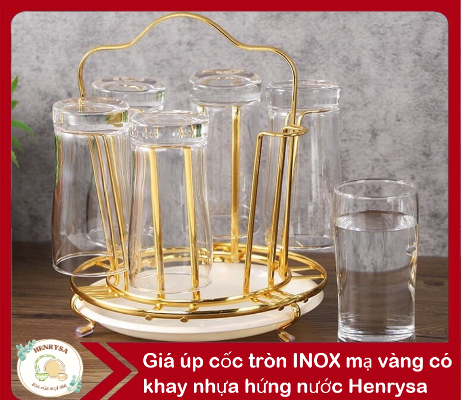 Giá úp cốc tròn INOX mạ vàng có khay nhựa hứng nước Henrysa