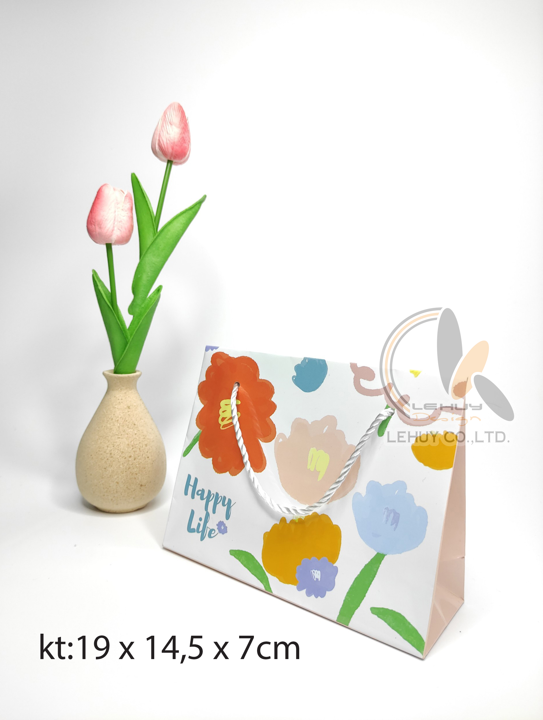 TÚI GIẤY ĐẸP CÓ NẮP HOA HAPPY LIFE KT 19X14.5X7 CM (COMBO 50 TÚI)