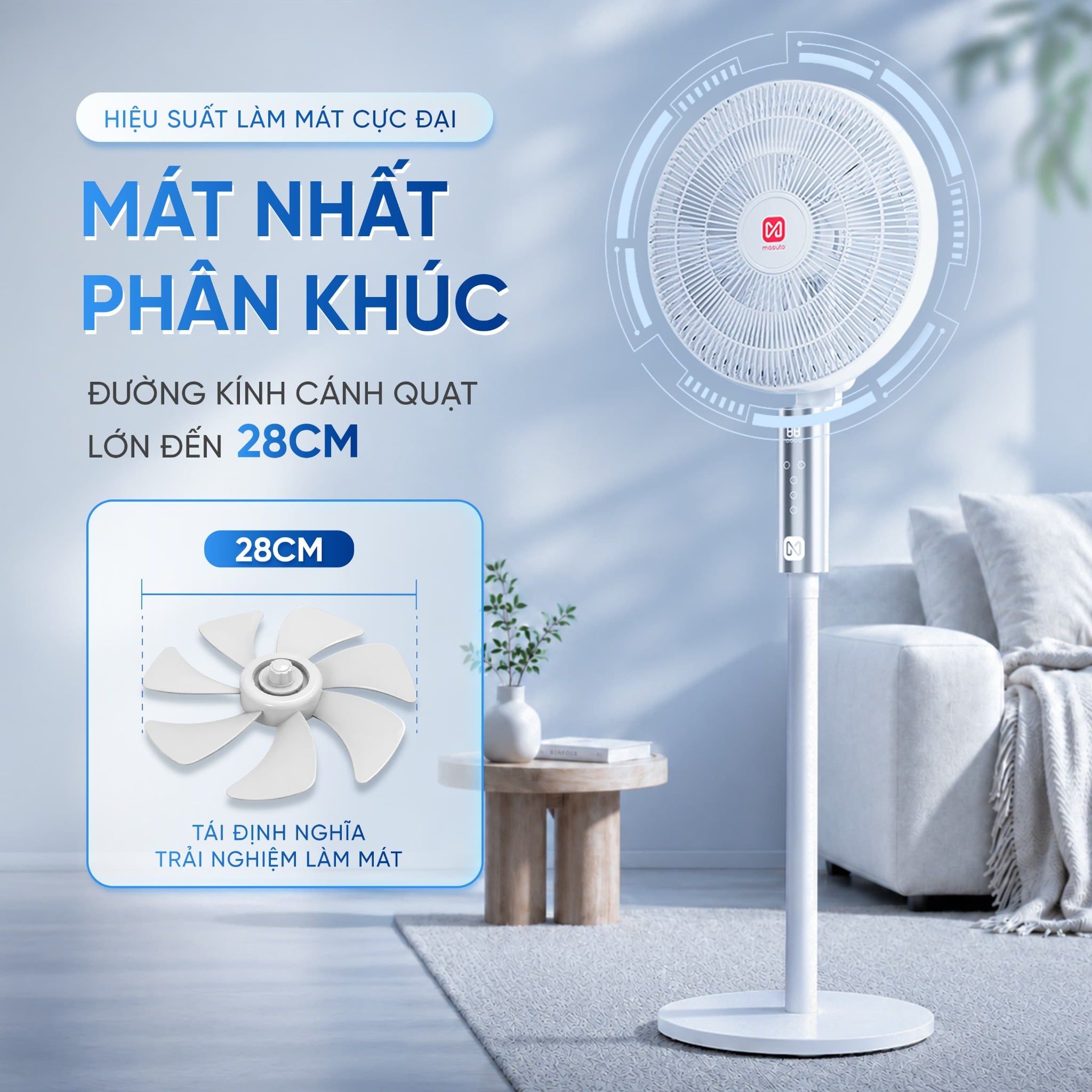Quạt điện đứng thông minh AI Masuto Smart Air Pro cánh lớn 28cm, Điều khiển giọng nói Tiếng Việt, động cơ BLDC tiết kiệm điện, hẹn giờ 12 tiếng - Hàng chính hãng