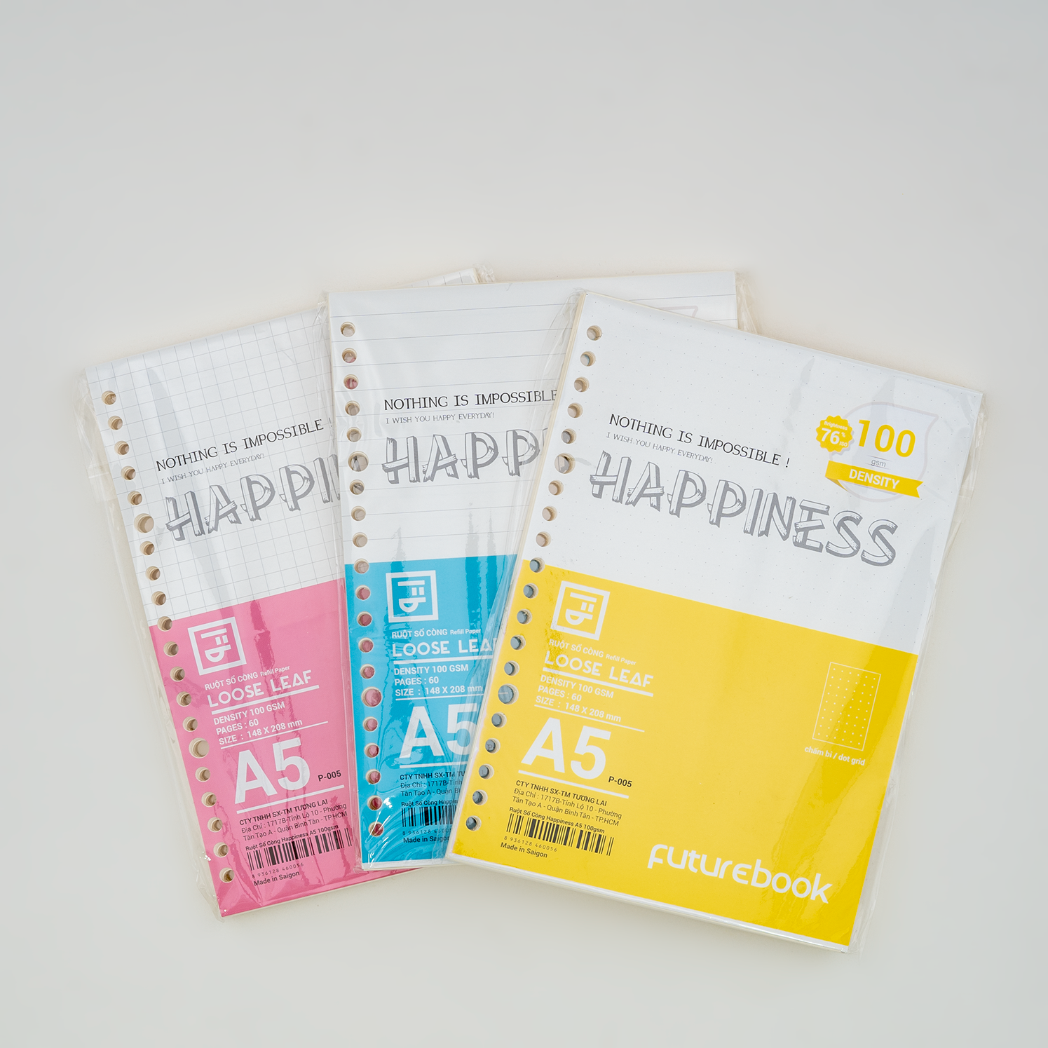 Giấy refill ruột sổ còng Binder Happiness A5 20 lỗ caro chấm dot kẻ ngang làm sổ tay planner FUTUREBOOK Mã P005