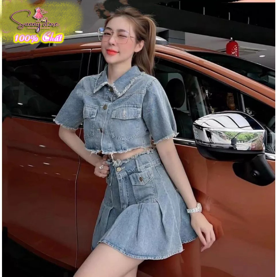 Set đồ nữ áo jean croptop kèm chân váy kiểu hàn quốc