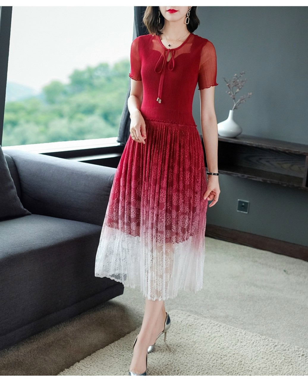 ĐẦM XÒE REN DẬP LY CỔ THẮT DÂY NƠ SIÊU ĐẸP