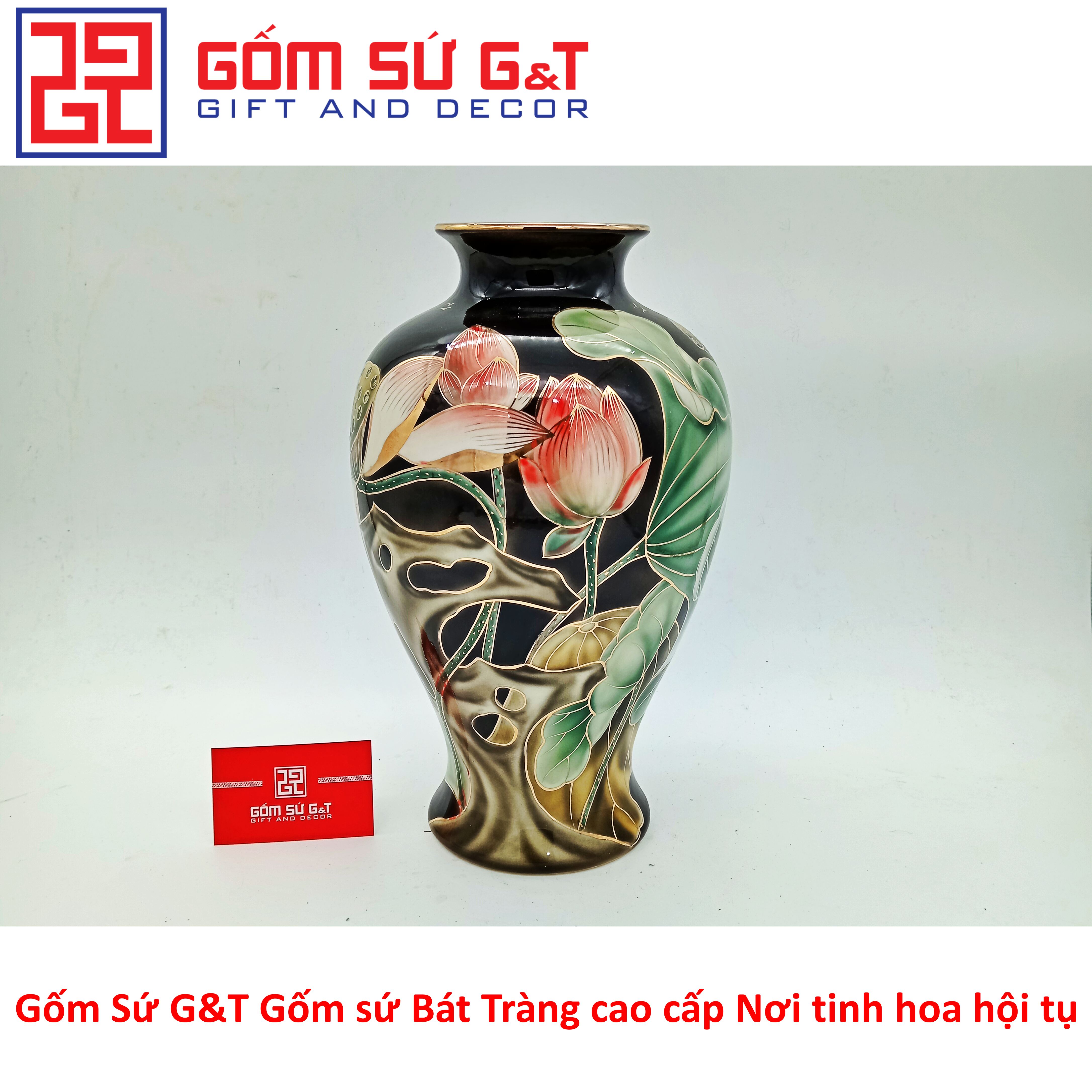 Lọ hoa sen đài vẽ vàng kim Gốm Sứ G&amp;T