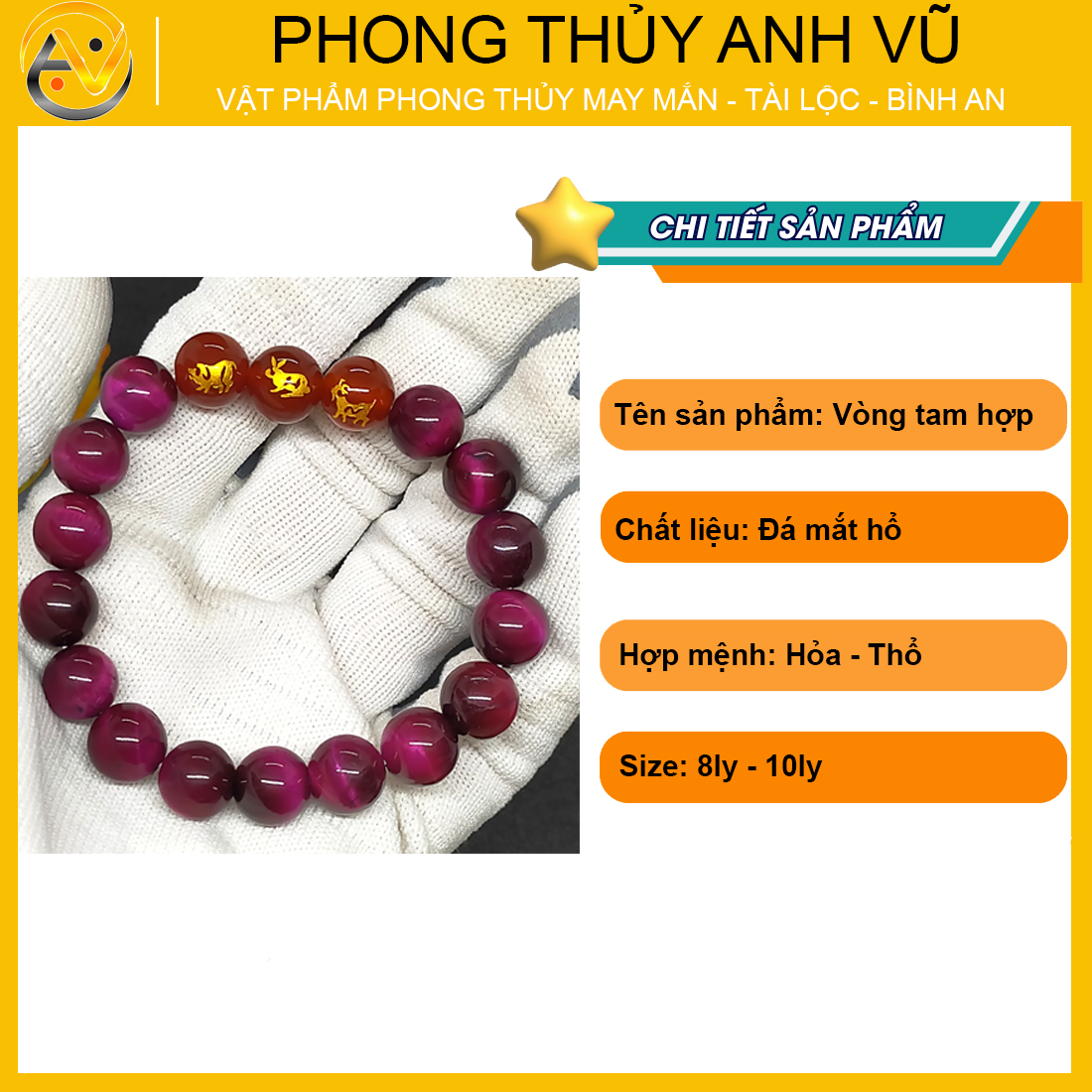 Vòng tay phong thủy nữ tam hợp hợi mão mùi - chất liệu đá mắt hổ hồng tự nhiên - size 8 10ly - may mắn tài lộc - Vòng Tam Hợp Anh Vũ