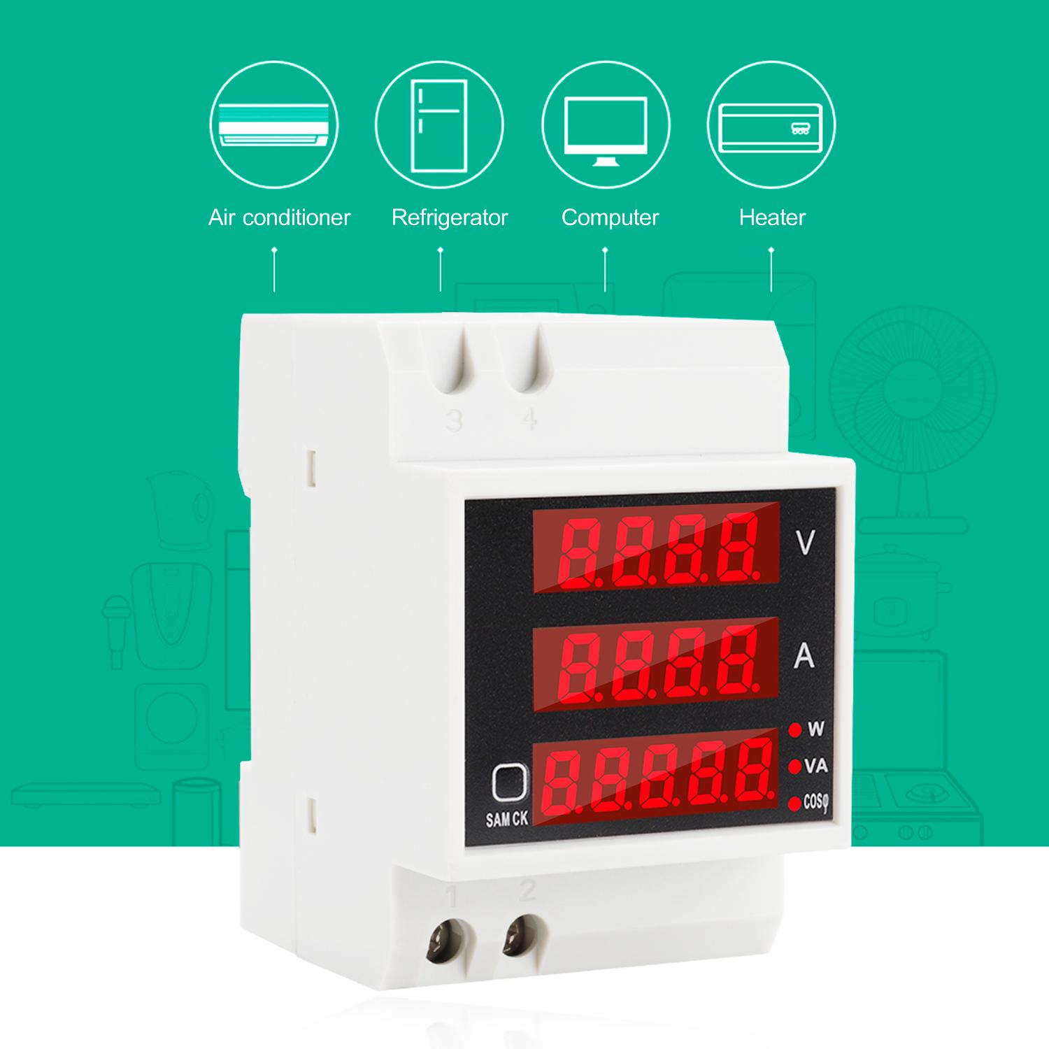 Multi-functional Digital Din Rail Current Voltage Power Ammeter Voltmeter Display Meter AC 80-300V / 100A